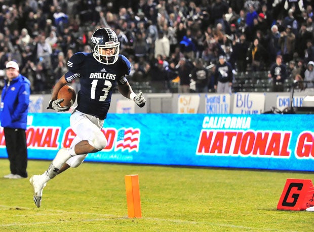 Kevin Hayes puts the finishing touches with his 89-yard interception return in Bakersfield's 56-26 win over Del Oro.