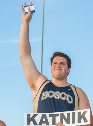 National shot put leader Matt Katnik celebrates.