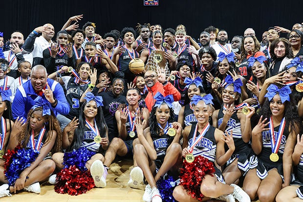 Duncanville celebrates its third consecutive Class 6A state title in Texas on Saturday night after beating McKinney 69-49.