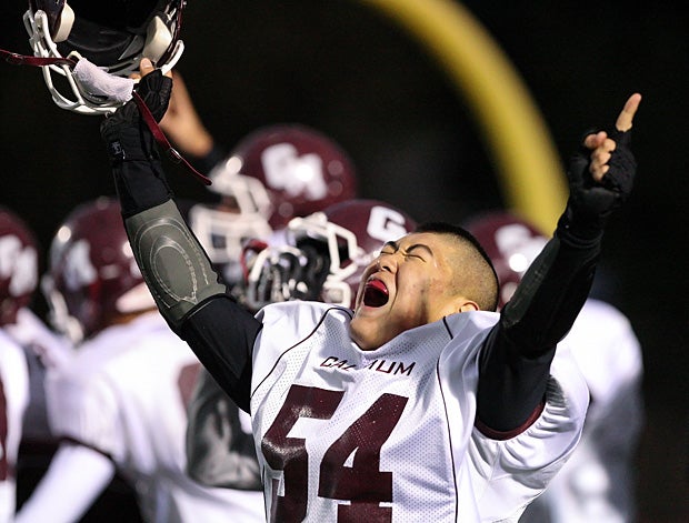 Ryan Butler of Caledonia-Mumford (Caledonia, N.Y.) celebrates during a game against Bishop Kearney (Rochester, N.Y.).