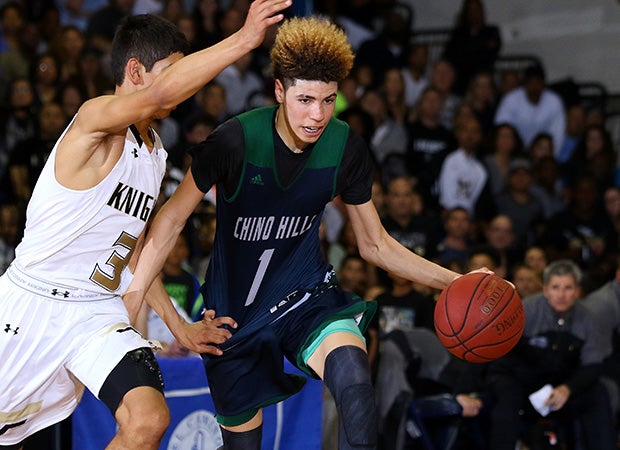 Chino Hills guard LaMelo Ball dribbles past a Bishop Montgomery defender.