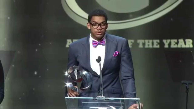 Karl-Anthony Towns after winning the Gatorade Athlete of the Year in 2014. On Tuesday, the reigning NBA Rookie of the Year will be a spokesperson for Gatorade's "Play it Forward" initiative and present awards later in the evening.