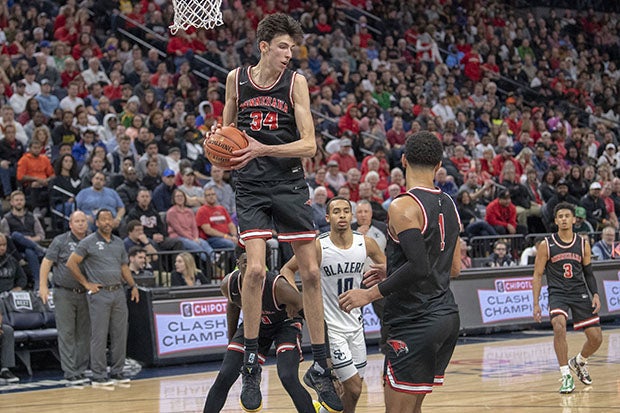 Chet Holmgren collects a rebound during Minnehaha Academy's blowout win over Sierra Canyon last season.