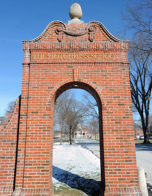 The main entrance to the Hotchkiss School. The independent co-ed boarding school was founded in 1891 and draws students from throughout the United States and 34 other countries. Alumni include Time Magazine founders Henry Luce and Briton Hadden, and automotive industry magnates Henry Ford II, Edsel Ford and William Clay Ford.