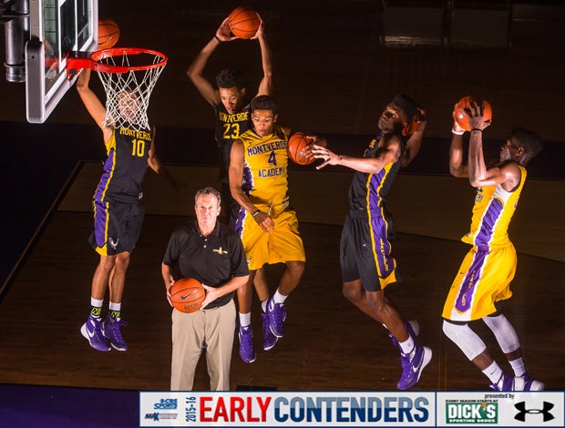 Head coach Kevin Boyle is surrounded by many talented players  at Montverde Academy this season.