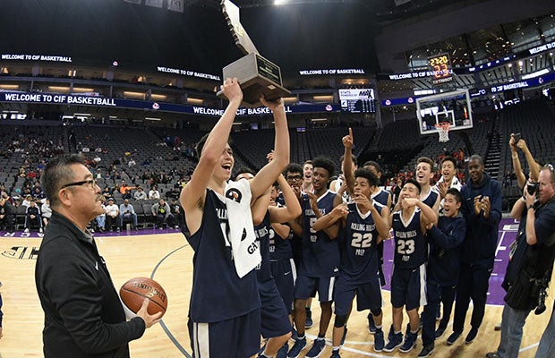 Rolling Hills boys and coach Harvey Katani celebrate school's first state title.
