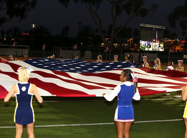 The flag is displayed in an emotional pregame ceremony in honor of service men and women throughout the country and world. 