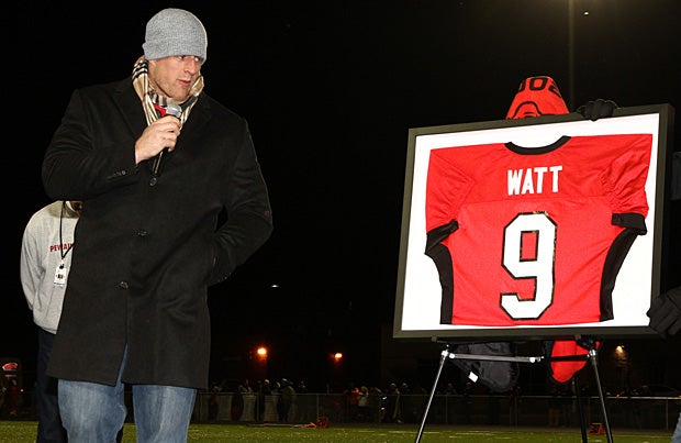 Houston Texans defensive end J.J. Watt was honored with a jersey retirement ceremony at Pewaukee High School on Friday night.