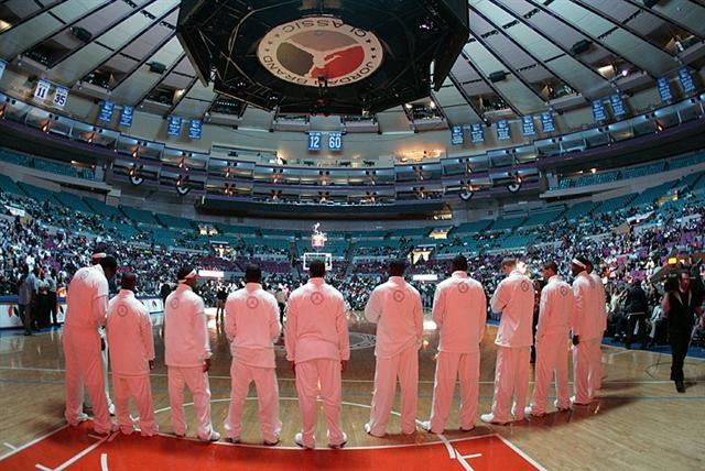 Players wait for tip-off during introductions at Saturday's Jordan Brand Classic.