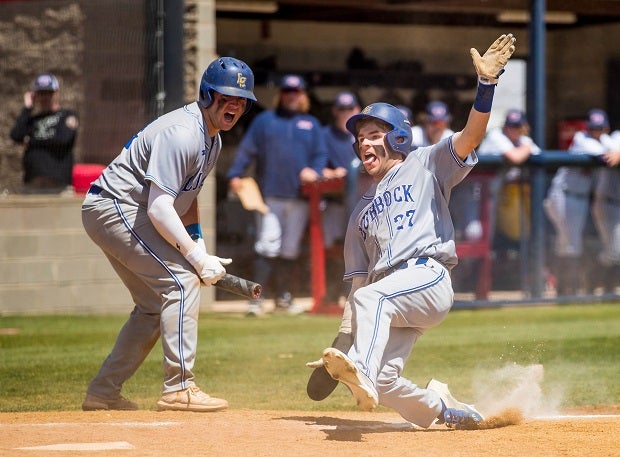 Lubbock Christian's Bax Townsend slides into home after a wild pitch against Trinity Christian as a teammate celebrates.