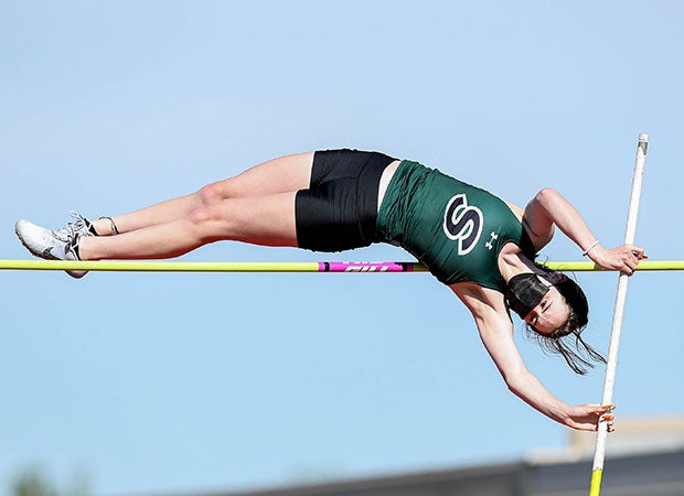 A Staley (Mo.) athlete clears the bar to win the pole vault at the Suburban Red Conference championship. 