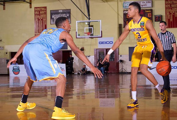Jalen Lindsey of Huntington St. Joseph Prep defends D'Angelo Russell of Montverde Academy during Friday's semifinal at Dick's Nationals.