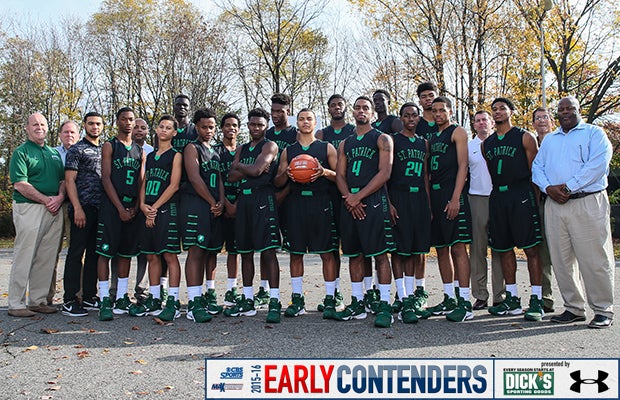 Head coach Chris Chavannes (right) and his 2015-16 The Patrick School players and staff