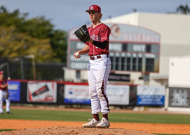 Junior Gavin Gargiulo has a 0.65 ERA in eight appearances this season for No. 2 Stoneman Douglas, which is riding a 46-game win streak. (Photo: Laura Martin)