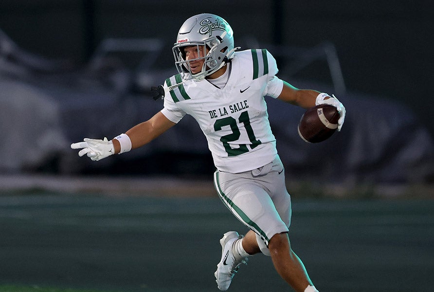 In a 55-9 win over St. Mary's last week, UCLA commit Duece Jones-Drew of De La Salle went 55 yards for a touchdown. (PHOTO: Dennis Lee)