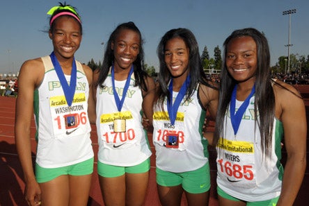 The Long Beach Poly winning girls 400 relay team.