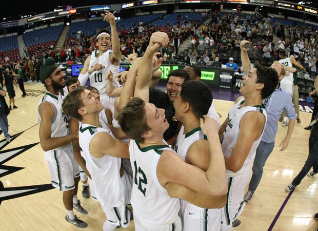 Manteca celebrates its first state boys basketball title.