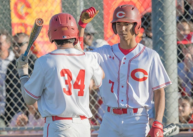 Daniel Rivera (34) and Nico Cruz (7), celebrating here during a win over Norco earlier this month, have helped Corona grab the national No. 1 ranking. (Photo: Duy Pham)