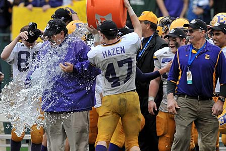 Escalon coach Mark Loureiro gets the Gatorade bath after the 2010 state championship. 