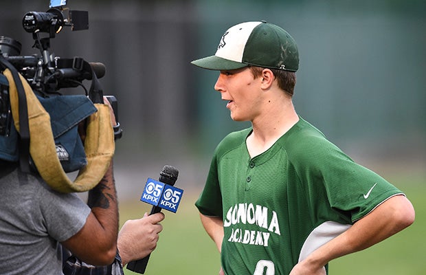 McCauley is interviewed by media following his team's sixth consecutive no-hitter.