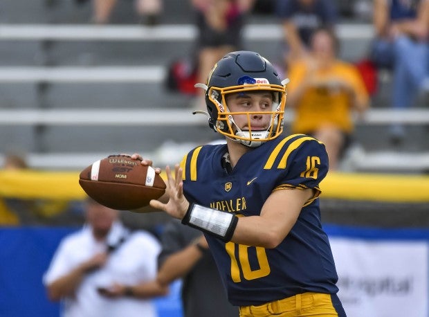 Archbishop Moeller junior quarterback Luke Dunn prepares to throw the football.