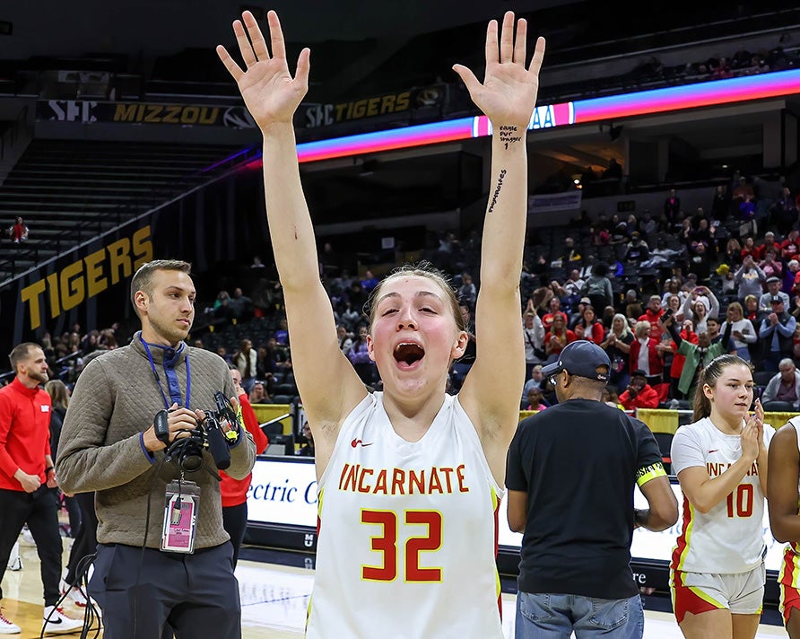 Savannah Stricker of Incarnate Word Academy celebrates a state championship victory in 2024. The Missouri program is seeking its ninth consecutive state crown and 16th overall. (PHOTO: David Smith)