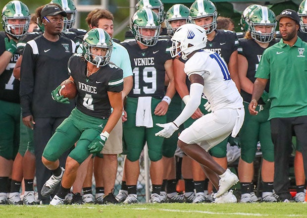 Sophomore wide receiver Ryan Matulevich, in action here during an August scrimmage against IMG Academy, leads Venice in receptions and yards.