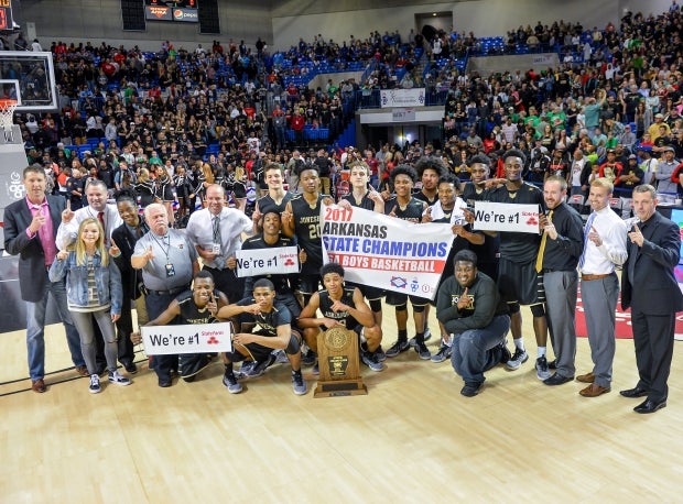 Head coach Wes Swift and Jonesboro celebrate their win in the Arkansas Class 6A state championship game.