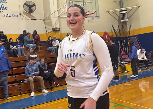 Lauren Harris was all smiles Friday night after breaking the national record for 3-pointers during a four-year career. (PHOTO: Nick Pecoraro)