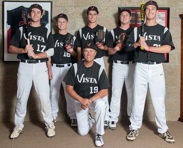 Head coach Rick Lepire has outstanding pitching depth from last year's team that finished 31-4 overall. Lepire (kneeling) is surrounded by players (left to right) Zack Mann, Dylan Estensen, Billy Roth, Brett Seeburger and Austin Ott.    