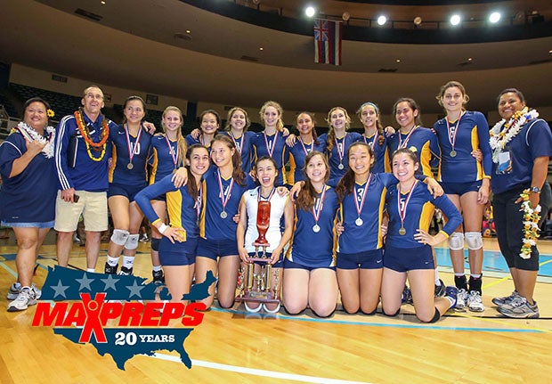 Punahou celebrates a volleyball state championship in 2012, one of 215 the school has won across all sports over the past two decades.