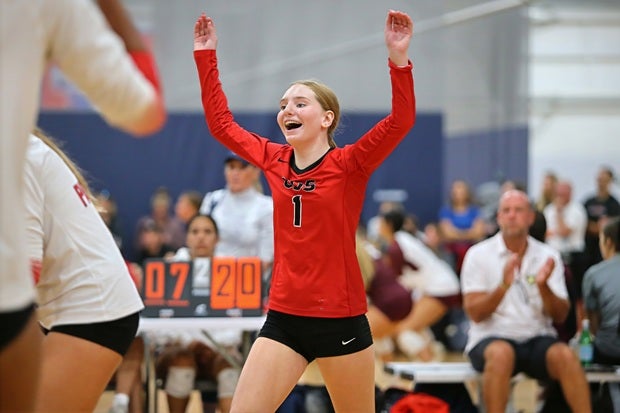 Olivia Fuller, an eighth-grade libero, celebrates in Carrollwood Day's Florida Gem title game win. (PHOTO: Raymond Dimonda)