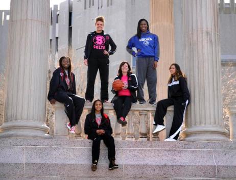 The 2013 All-Colorado girls basketball team, from left: Diani Akigbogun (Regis Jesuit), Mikala Gordon (Pueblo South), Pueblo South coach Shannan Lane, Adaeze Obinnah (Grandview), Abriana Lujan (Highlands Ranch) and Justine Hall (Regis Jesuit).