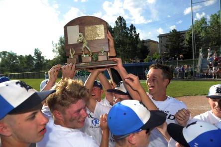 The Resurrection Christian baseball team celebrates after winning the Class 2A championship Monday against Byers.