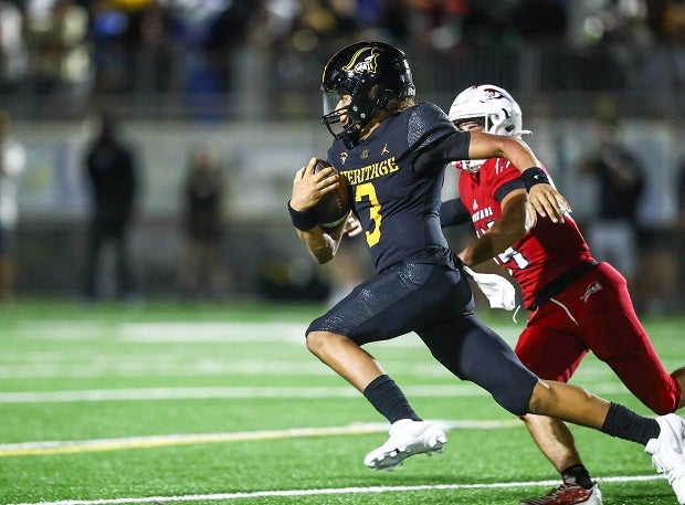 Texas commit Dia Bell leads American Heritage in its quest for a first state title since 2020. The son of former NBA star Raja Bell threw for nearly 2,000 yards last season as the Patriots went 10-2. (Photo: Laura Martin)