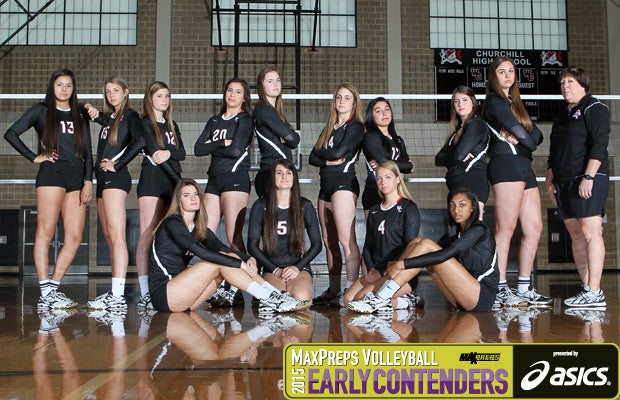 Head coach Jo Anne Hultgren (far right) poses for group shot with her team for the 2015 season. Hultgren has posted a 333-100 record in her 10 seasons at Churchill.