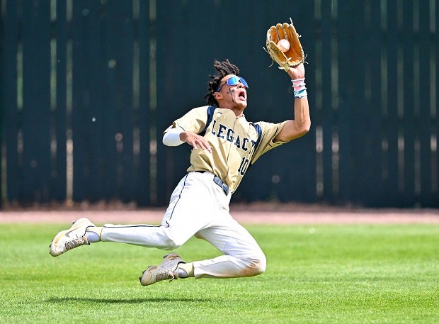 Legacy right fielder Marcus Romero makes a run-saving, inning-ending catch in the Lightning's Colorado 5A final against Broomfield. Romero's catch saved two runs from scoring, but Broomfield ultimately took the win and the title, 7-6.