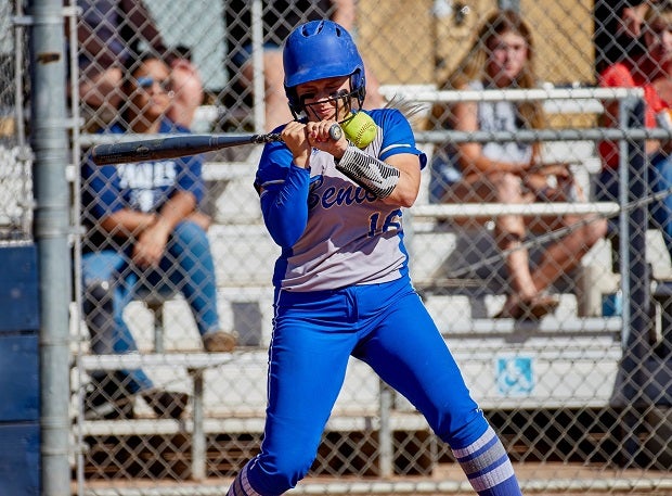 Benicia hitter Denise Pauletich gets plunked in the Panthers' CIF NorCal Division 2 win over Vista del Lago. Pauletich was uninjured and finished the game with a two-run single in the 6-5 victory.