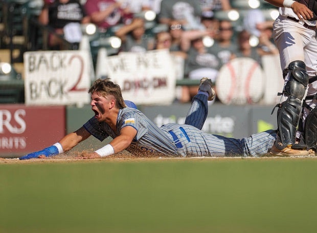 Brock's Cam Harris celebrates as he slides home during the Eagles' Texas 3A championship game against London, which would win the title with a 16-13 victory.