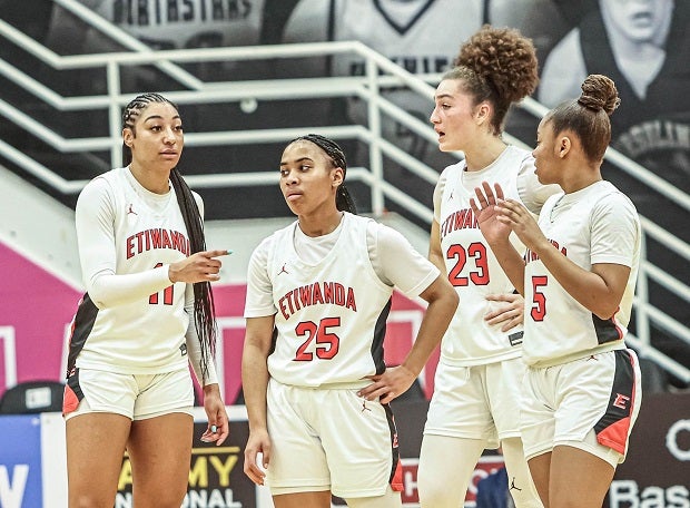 Kennedy Smith, Aliyahna Morris, Grace Knox and Shaena Brew lead No. 3 Etiwanda against No. 4 Sierra Canyon on Friday in the Southern Section Open Division final. This is the third year in a row the two have met in a MaxPreps Top 25 showdown for the title. In the two previous seasons, the loser of the section final has come back to win the CIF state title. (Photo: Lonnie Webb)