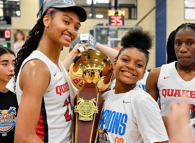 Sidwell Friends players celebrate with the State Champions Invitational trophy. The Quakers finished No. 1 in the MaxPreps Top 25 for the 2021-22 season. (Photo: Sheila Haddad)