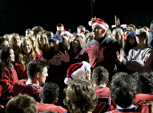 Campolindo coach Kevin Macy gives stirring post-game speech posing as Santa Claus. 