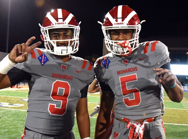 Bryce Young (9) and Bru McCoy (5) after a very satisfying victory for Mater Dei.