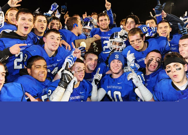 Southington hopes to repeat this post-game scene from last December in 2014, the Blue Knights' celebration of their CIAC Class LL title.