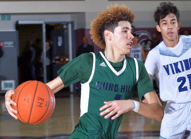 Chino Hills guard LaMelo Ball dribbles past a Pleasant Grove defender.