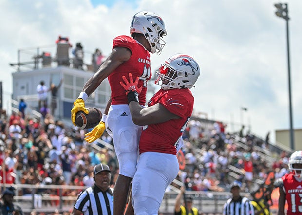 Ohio State commit Jeremiah Smith of Chaminade-Madonna celebrates a touchdown in his team's 35-14 victory over St. Frances Academy. (Photo: Patrick Tewey)