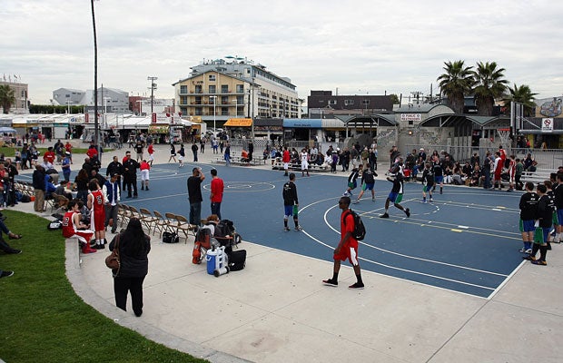 The basketball courts at Venice Beach were made famous in the movie White Men Can't Jump.