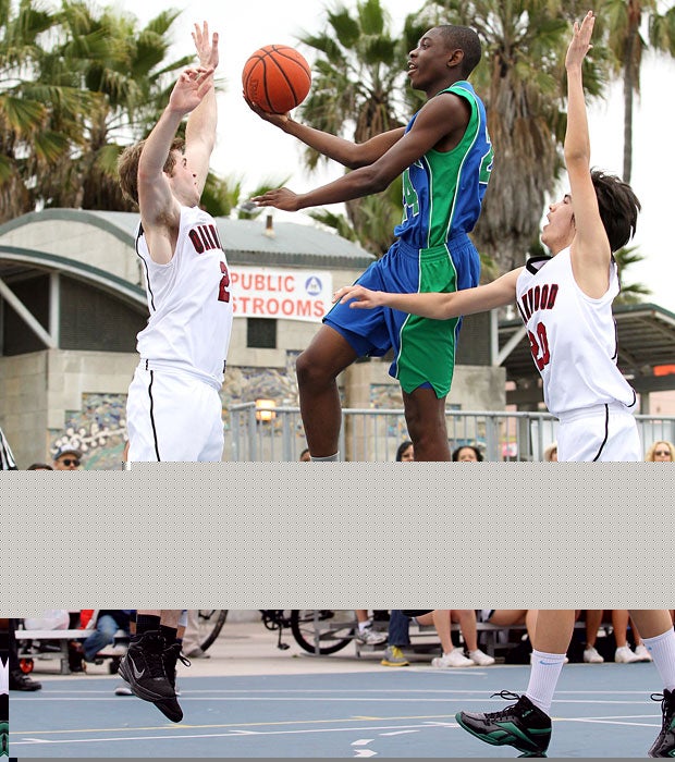 Mofe Alege of Pacifica Christian elevates for a shot attempt with palm trees and ocean breeze as the backdrop.