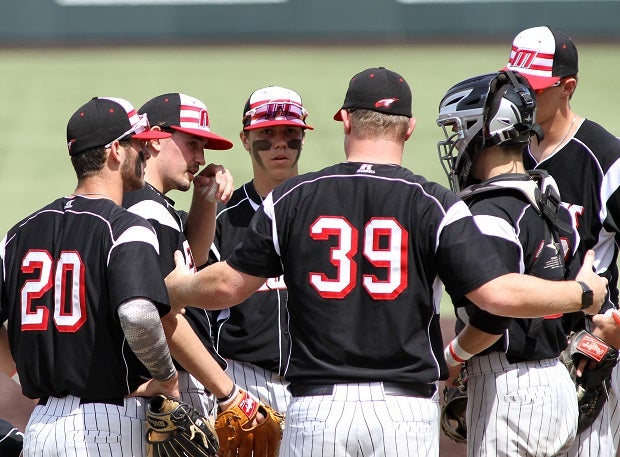 Maize players go over strategy with their coach during a Kansas Class 5A playoff game.