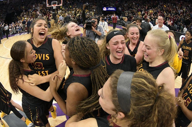 Clovis West celebrates its first state championship with defensive-minded win over Archbishop Mitty. 